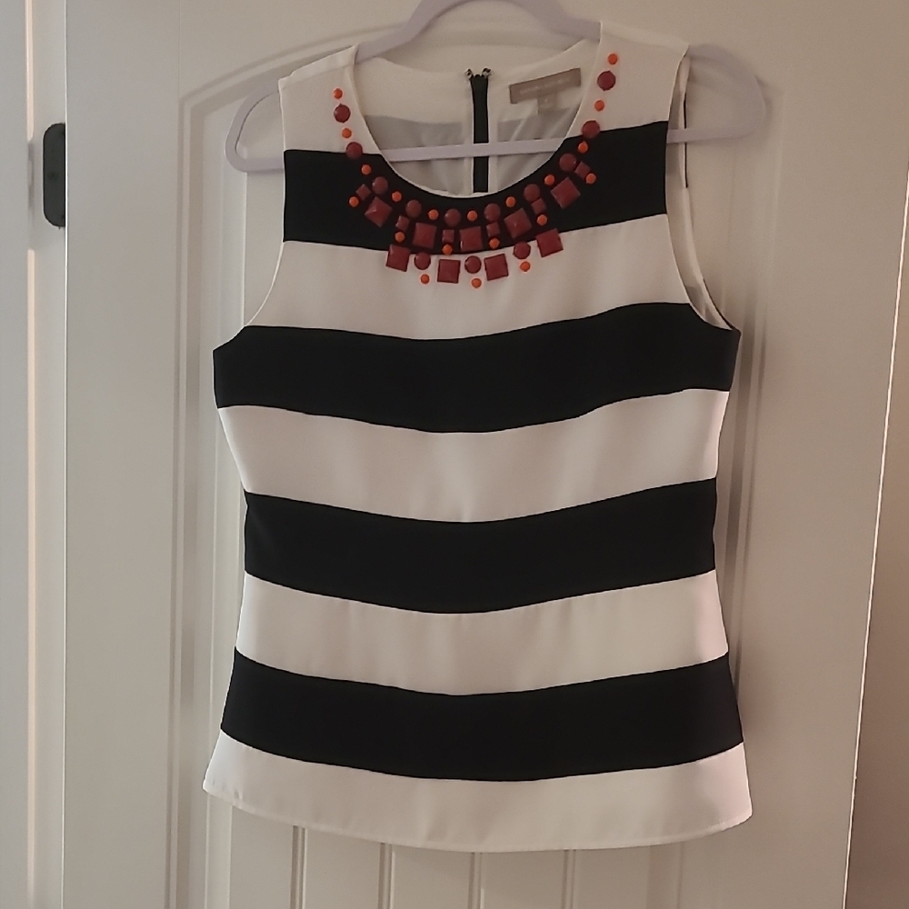 Banana Republic Black and White Striped Blouse with Red Accents